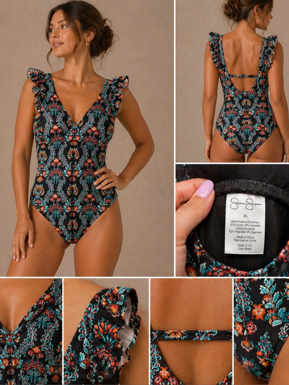 Jessica Simpson Ruffle Sleeve Scoop Back Cutout One Piece Swimsuit Black Size XL